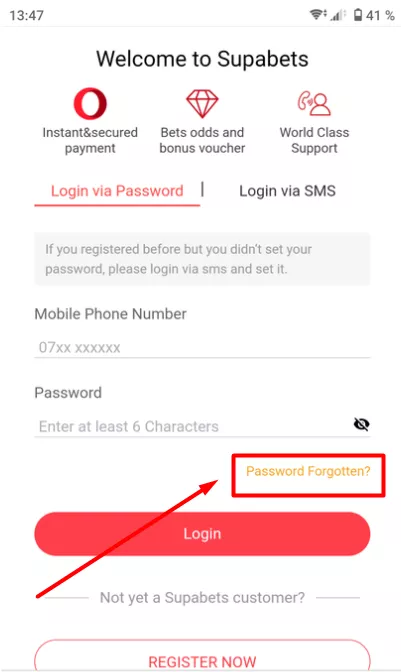 Password Forgotten Button of Supabets